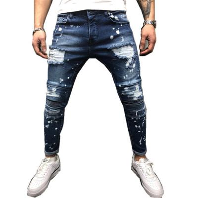 China Fashion QUICK DRY Mens Jeans Slim Fit Small Feet Pleats Ripped Raindrops Jeans Mens Stretch Puffy Denim for sale