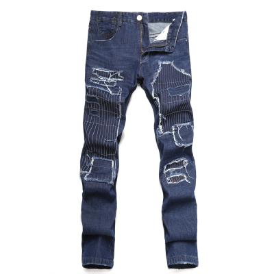 China QUICK DRY Patch Wash Fashion High Street Denim Pants Mens Black Blue Jeans Mid Jeans With Distressed Edge for sale