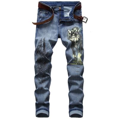 China Wholesale QUICK DRY Stretch Print Jeans Personality Pattern Wolf Head Slim Men Stacked Jeans Denim Pants For Men for sale