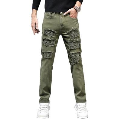 China Selling army green spring QUICK DRY hot elastic jeans plate crease multicolor biker men's destruction denim for sale