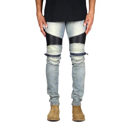 China OEM QUICK DRY Zipper Patched Crumpled Jeans Mens Biker Jeans Pants for sale