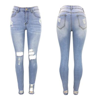 China New fashion QUICK DRY denim pants light color elasticity high-waisted slimming tight-fitting holes pants jeans for women for sale