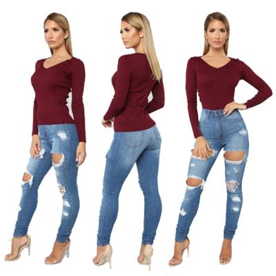 China OEM viable hot sale XL XXL XXXL ripped high waist jeans women slim distressed pants plus size women's jeans for sale