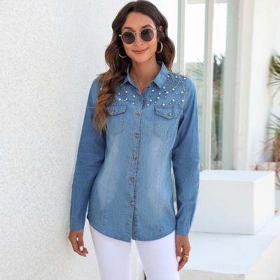 China Hot sale ladies cardigan temperament anti-pilling denim long sleeved solid blue lapel denim blouses lattice jackets shirts for sale