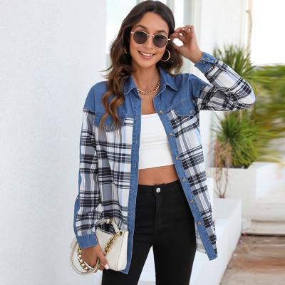 China New fashion plaid high quality interesting blue denim shirt anti-pilling anti-pilling blouse denim women lattice shirt breathable tops for sale