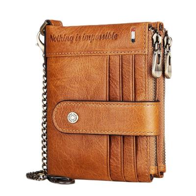 China Fashion High Quality Genuine Leather Double Zipper Bifold Wallet 2021new Rfid Blocking Vintage Cowhide Wallets For Men for sale