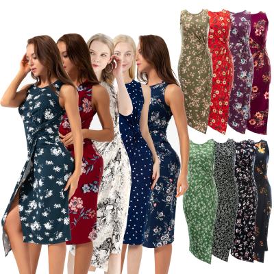 China Summer Anti-static Fashion Floral Lady Elegant Bodycon Pencil Midi Dress Sleeveless Fitted Women Dress for sale