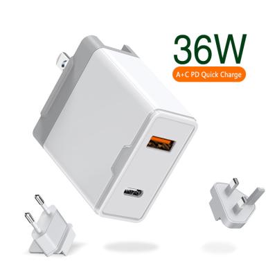 China OEM 36W PD+QC 3.0 Mobile Phone Dual Fast Wall Charger Quick Charger Travel Charger with EU/US/UK Plug for sale