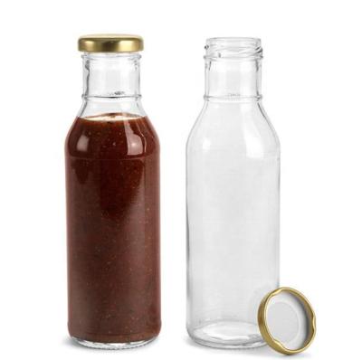 China 12OZ 360ml Ring Neck BBQ 500ml Glass Chili Hot Sauce Bottle Beverage Recyclable Juice With Metal Lid for sale