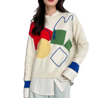 China Fashion Hot Sale Women's Anti-Wrinkle Long Sleeve Sweater Round Neck Color Block Knitted Clothing For Ladies Knit Cashmere Sweaters for sale