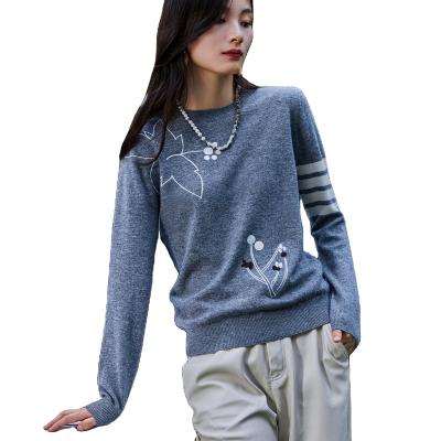 China 100% Printed Anti-Wrinkle Wool Sweater Womens Long Sleeve Round Neck Sweater Pullover for sale