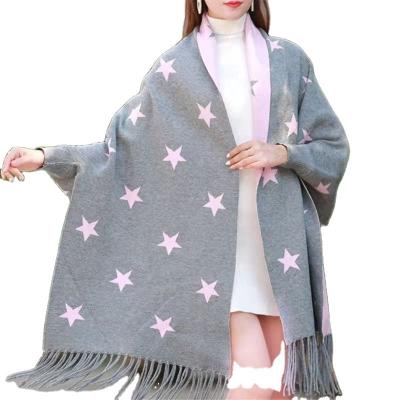 China 2021 New Style Jacquard Striped Women Retro Style Soft Faux Tassel Long FringedAutumn Star Shawl Five-pointed Warm Women With Sleeves for sale