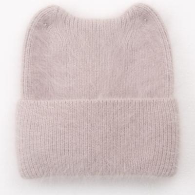 China COMMON Fur Hat Autumn Winter Warm Thicken Rabbit Beanie Cute Hemming Knitted Hats With Ear For Women for sale