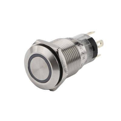 China XCE 16mm Stainless Steel Flat Head Latching 1NO1NC Stainless Steel Metal Push Button Switch With Blue Ring LED 12V 24V Self-Latching Waterproof for sale