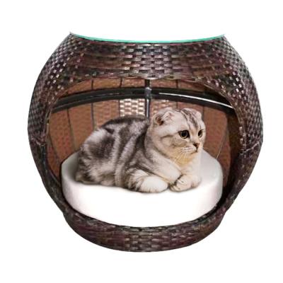 China 13mm Umweltschutzfreundliches Katzenbett aus Rattan Gewebt mit Apfelkuppel Katzenhöhle Kissen Kaffeetafel Naturmöbel für Haustiere zu verkaufen