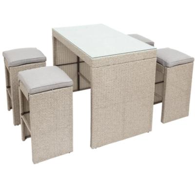 China 5-Piece Patio Bar Table Rattan Rectangular Dining Table Height Chair for sale