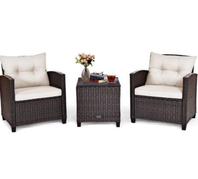 China 3pc Patio Wicker Bistro Conversation Patio Balcony Poolside-2 Cushioned Armchairs Glass Topped Table Outdoor Rattan Sofa for sale