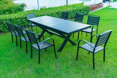 China 9 Pieces Black Plastic Wood Modern Outdoor Garden Furniture Table Set 8-10 Seater Extendable Patio Dining Table Chairs for sale