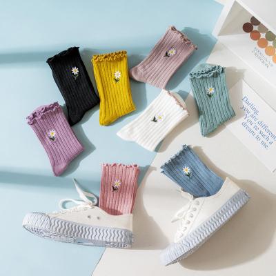 China QUICK DRY lace ear spring and summer thin cotton pile socks embroidered medium small flower tube socks for sale