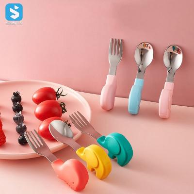 China BPA Free Cute Design Baby Training Fork Spoon Sets 2 Pcs Stainless Steel Fork Spoon Feeding Set for sale