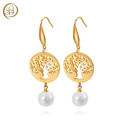 China Hottest Bulk Cheap Tree Of Life Drop Earrings Women's Stainless Steel Jewelry Gold Pearl Earring Tree Of Life for sale