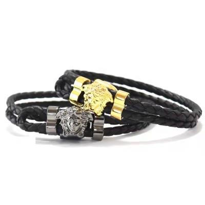 China Hot TRENDY Style Jewelry Stainless Steel Black Wrap Bracelet Braided Leather Bracelet For Men for sale