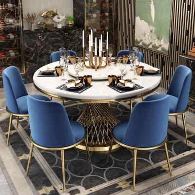 China Luxury Revolving Double Metal Round Dining Table Modern Marble Top Leg Dining Table Set 6 Chairs for sale