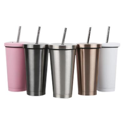 China Customized Double Wall Vacuum Insulated 304 Stainless Steel Coffee Tumbler 500ml Reusable Coffee Tumbler with Straw for sale