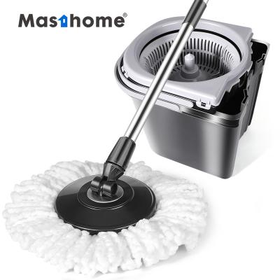 China Masthome Durable Handle Stainless Steel Pole Magic Water Broom Removable Dry Flat Spin Wash Hands Cleaning Mop With Detachable Bucket for sale