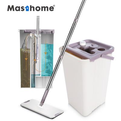 China Stocked Cleaning Handle Stainless Steel Pole Masthome Mop Water Squeeze Removable Apartment Cleaning Mop With Bucket for sale