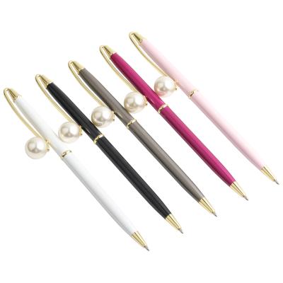 China Crystal Topped Pen Novelty New Style Clip Pearl Tip Pen Metal Material Rotating Ballpen With Custom Logo for sale