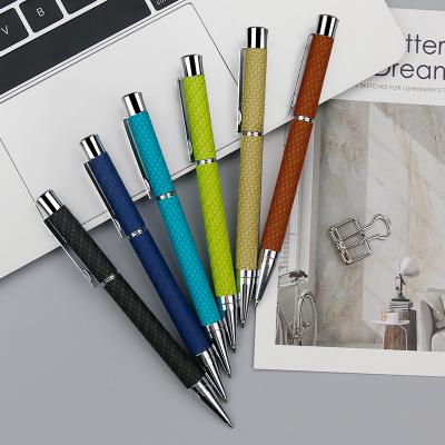 China Luxury Green Color Woven PU Metal Ball Pen With Custom Leather Logo Rose Gold Ballpoint Pen Designer New for sale