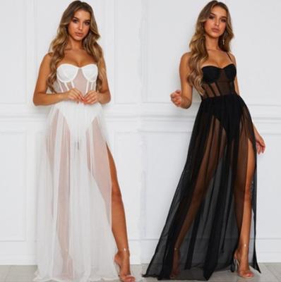 China 2021 New Fashion Breathable Ladies Beach Sexy Dresses Spaghetti Tie Maxis Lingerie Bra Mesh Dress Dance Party Tulle Casual Dresses for sale