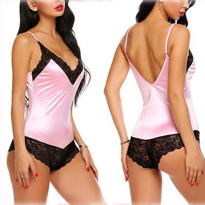 China Backless Lace Teddy Lingerie Hot Women's Lace Spandex Bodysuit Lingerie V-Neckline Sheer Skinny Deep Sleeveless Sexy Halter Jumpsuit for sale