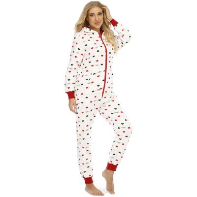 China Girls Autumn Winter Sleepwear Heart Print Onesie Thermal Cute Pajamas Zipper Onesie Pajamas Adult Women Hoodie Overalls Pajamas for sale