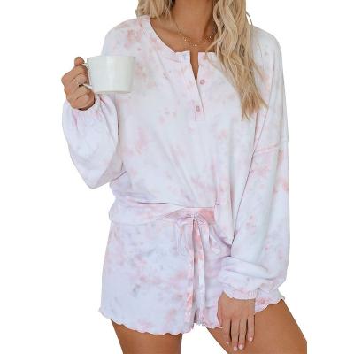 China Customized QUICK DRY logo women pajama set shorts tie dye 2 piece loungewear sets long sleeve sleepwear lounge wear nightgown for sale