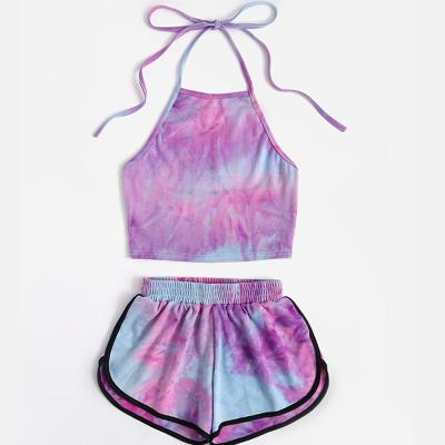 China QUICK DRY Tie Dye Crop Tops And Shorts Halter Neck Beach Wear Lace 2 Piece Sets Up Crop Tops Trackie Shorts Set for sale