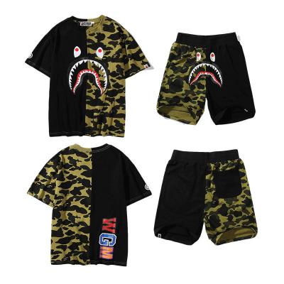 China Lovely Fashion Anti-wrinkle High Quality Unisex Trend Cotton T-shirt 100% Quilting Color Camouflage Set Shark Print Shorts for sale