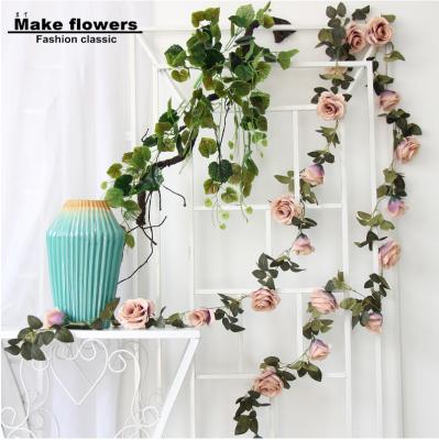 China 70%polyester+20%plastic+10%metal simulation chain rose flower vine decoration indoor plant wall decorative flower strip for sale