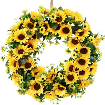 China Amazon Hot Sale Sunflower Christmas Sunflower Artificial Flower Garland Floral Hanging Durable Yellow Wreath For Home Wall Decor Xmax Wreath for sale