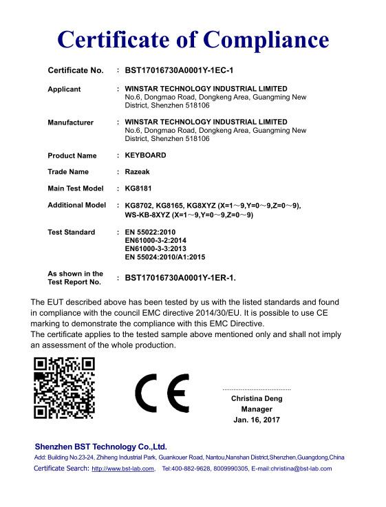 CE - Shenzhen Winstar Technology Industrial Limited