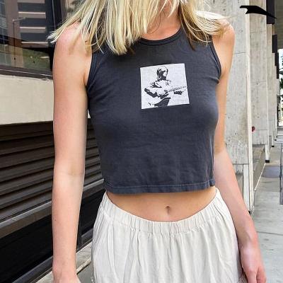 China Crop Print Women Summer Women Tank Shorts Gray Cotton Tee Shirt O Neck Wash Casual Vintage Top Sexy Custom QUICK DRY Tank Graphic Print Tank for sale