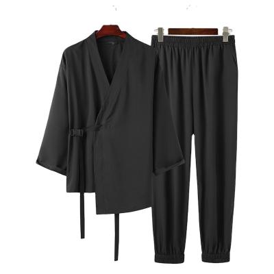 China QUICK DRY Men Sets Vintage Solid Long Sleeve Men's V-Neckline Kimono Streetwear Streetwear Suits 2 Pieces for sale