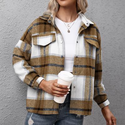 China Autumn Long Sleeve Anti-Wrinkle Shirt Jackets Ladies Plaid Button Up Shirts Loose Casual Shacket Women Comfortable Aztec Jacket for sale