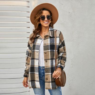 China Anti-Wrinkle Wholesale Ladies Plaid Shacket Tops Woman Tops Fashionable Flannel Shirt Women Tops Aztec Shacket for sale