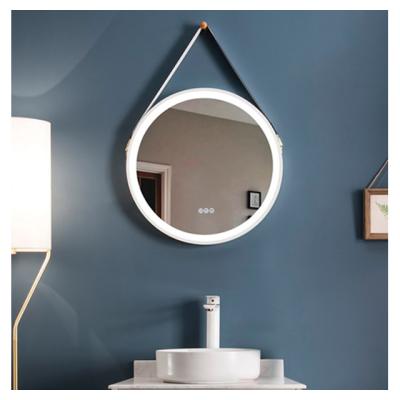 China Round Lighted LED Backlit Mirror Illuminated Smart Bathroom LED Mirror With Leather Hanging Belt for sale