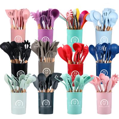 China Sustainable Silicone Cookware Cookware Utensil Set With Wooden Holder Handles For Non-Stick Cookware Turner Tongs Spatula Whisk for sale