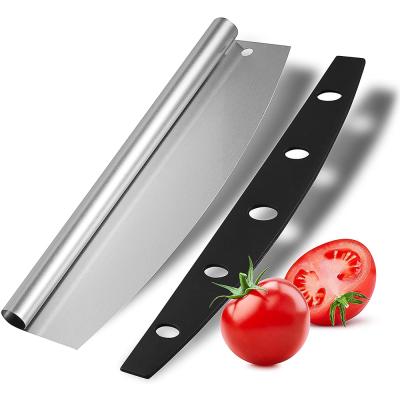 China Sustainable Premium Professional Pizza Tools Sharp 14 Inch Stainless Steel Pizza Cutter Rocker Round Handle Slicer Knife Blade With Cover for sale