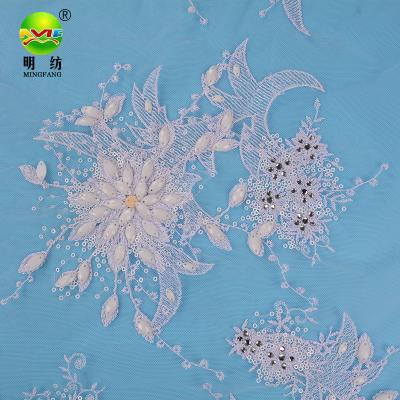 China Sustainable Hot Sale Pearl Beaded Lace Fabric For Bridal Wedding Dress for sale