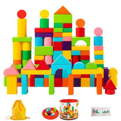 China Wood 100 Pcs Wooden Blocks Building Blocks Toys Stacking Game For Kids for sale